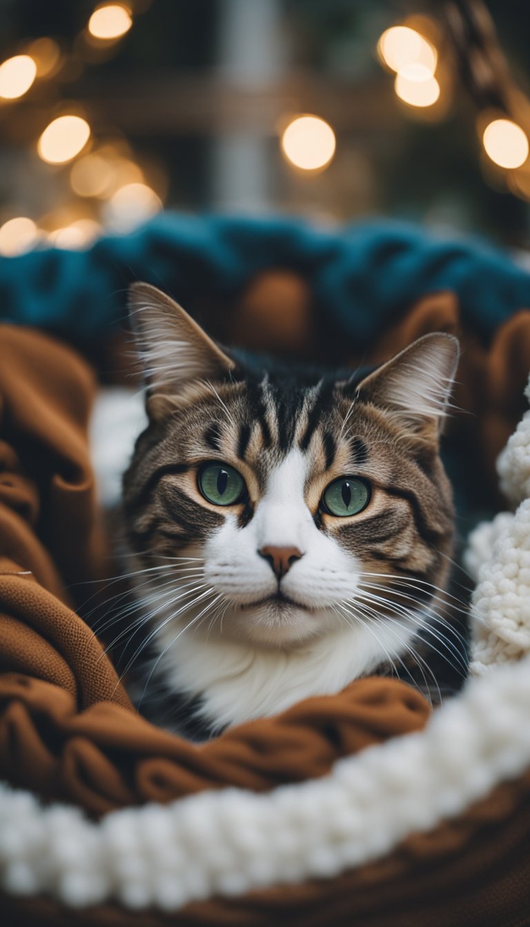 A cozy DIY cat bed surrounded by various materials like fabric, yarn, and pillows. A cat is curled up inside, looking content and comfortable