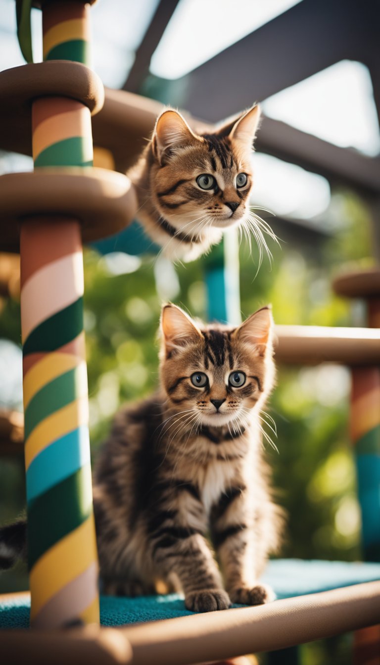 Several cats play on a tall, homemade jungle gym with multiple levels and platforms. The structure is sturdy and covered in soft carpeting for comfort