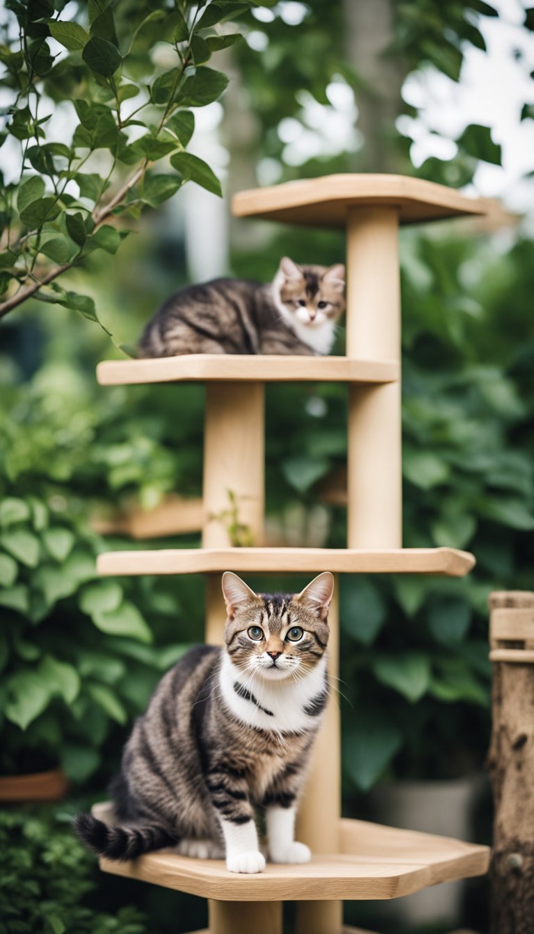 A cat tree made of real branches, with multiple levels and platforms for cats to climb and play on