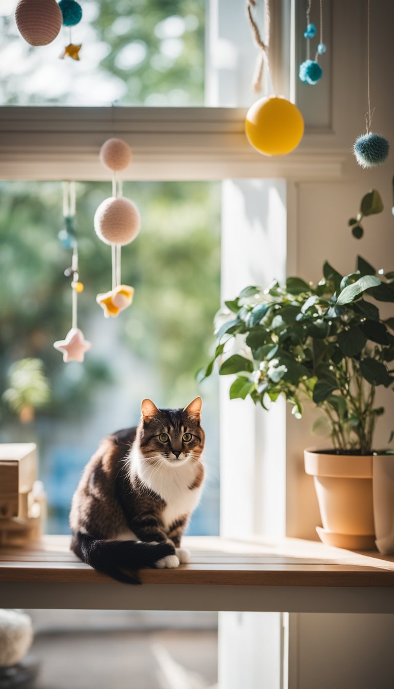 A cat lounges on a floating shelf cat tree, surrounded by hanging toys and cozy platforms, with a window view