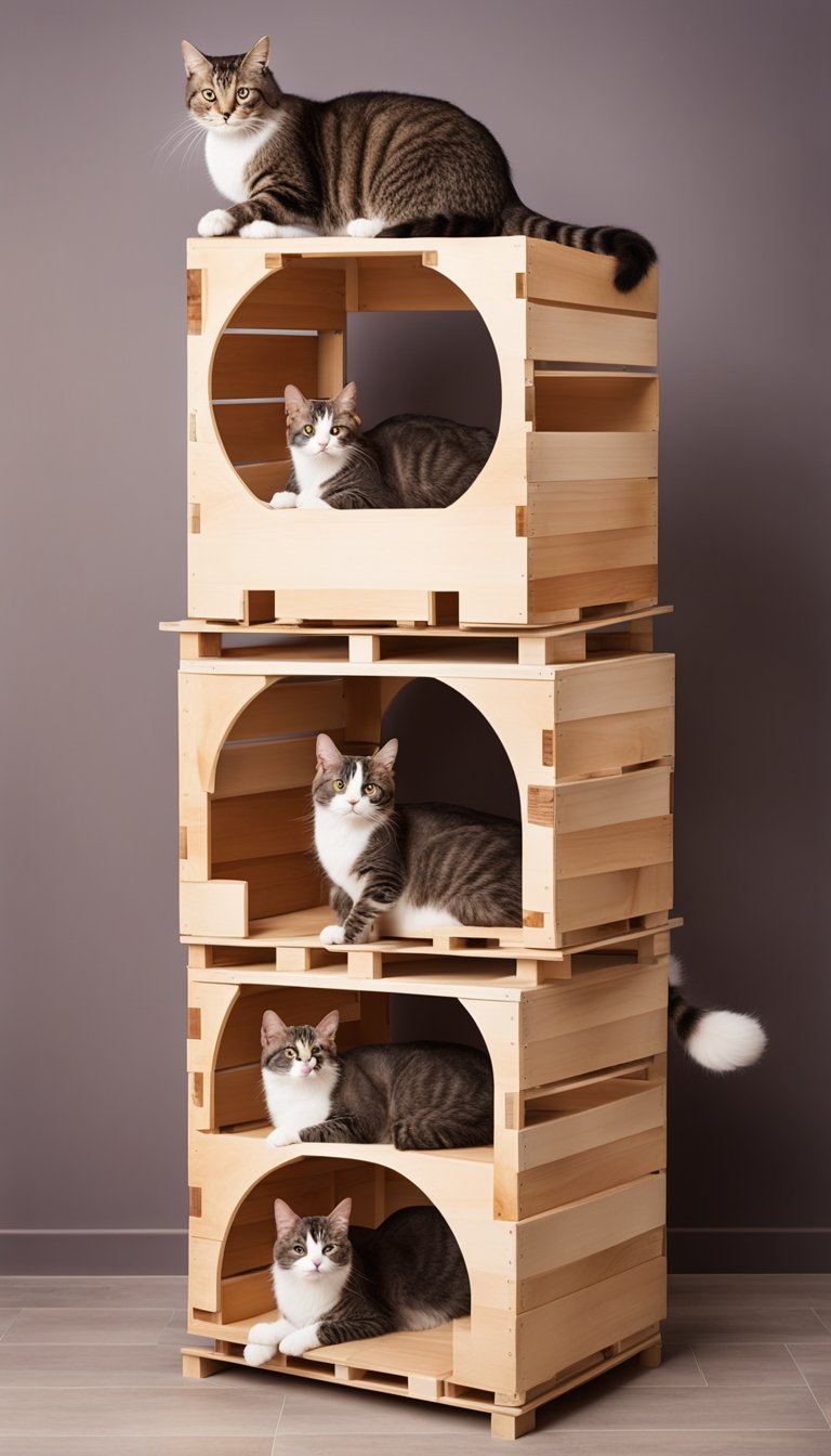 A stack of wooden crates forms a DIY cat tree, with multiple levels for climbing and lounging