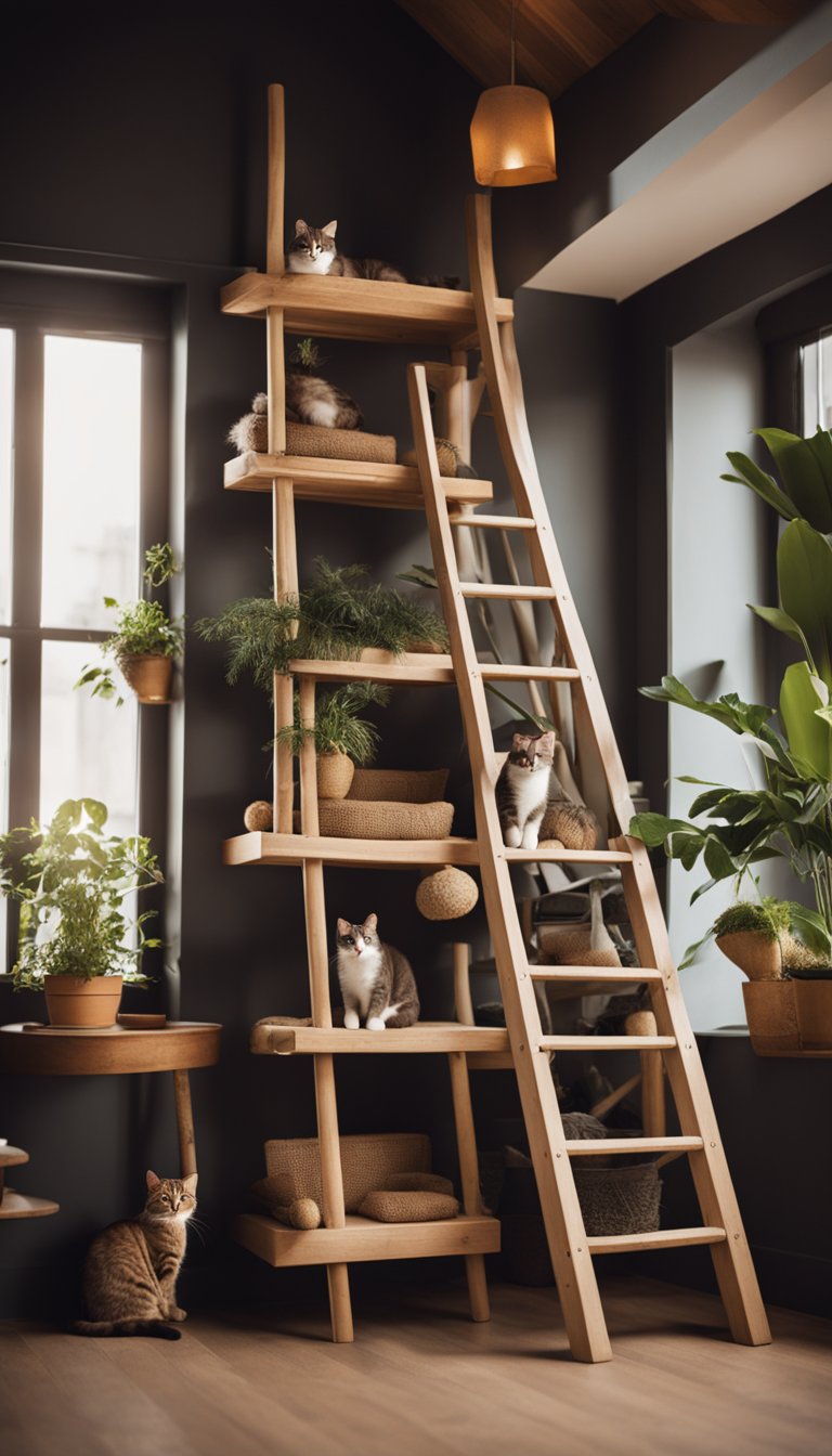 A vintage ladder repurposed as a cat tree, adorned with cozy platforms and scratching posts. Surrounding it, a cozy, rustic living room with warm lighting and scattered cat toys