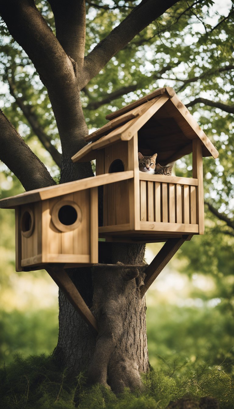 A tree house with an integrated feeder for cats. The structure is made of wood and is nestled among the branches of a sturdy tree