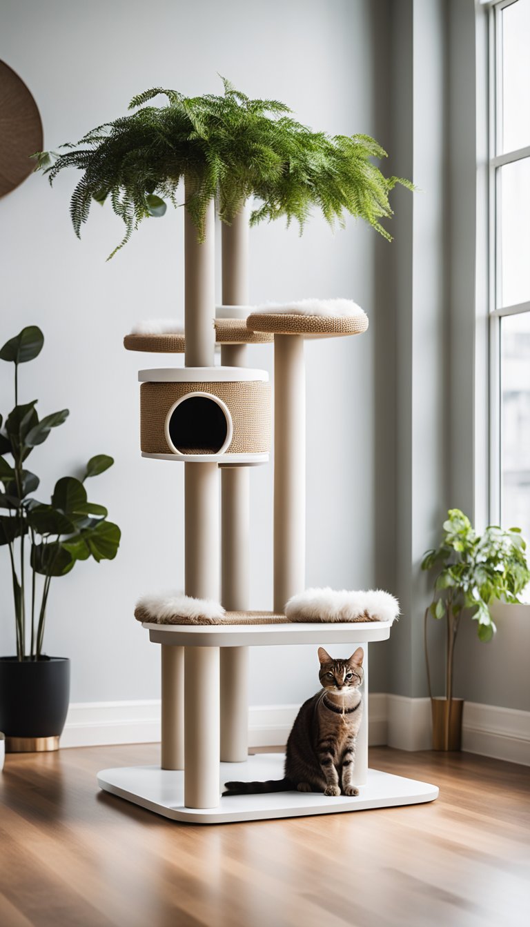 A sleek, modern cat tree stands in a bright, minimalist room. The tree features clean lines and neutral colors, with multiple levels and platforms for cats to explore and relax on