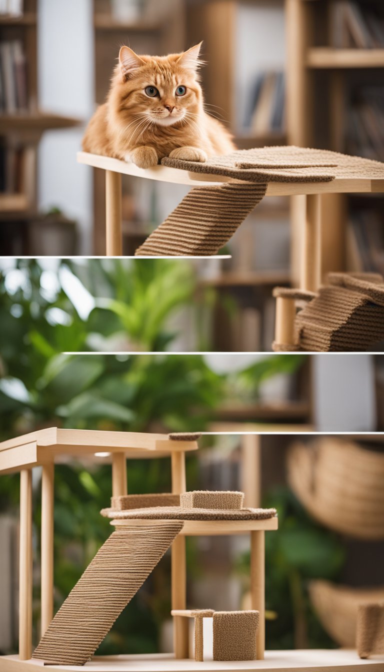 A convertible bookshelf transforms into a DIY cat tree house, with multiple levels and scratching posts. A curious cat explores the structure, perching on the top platform