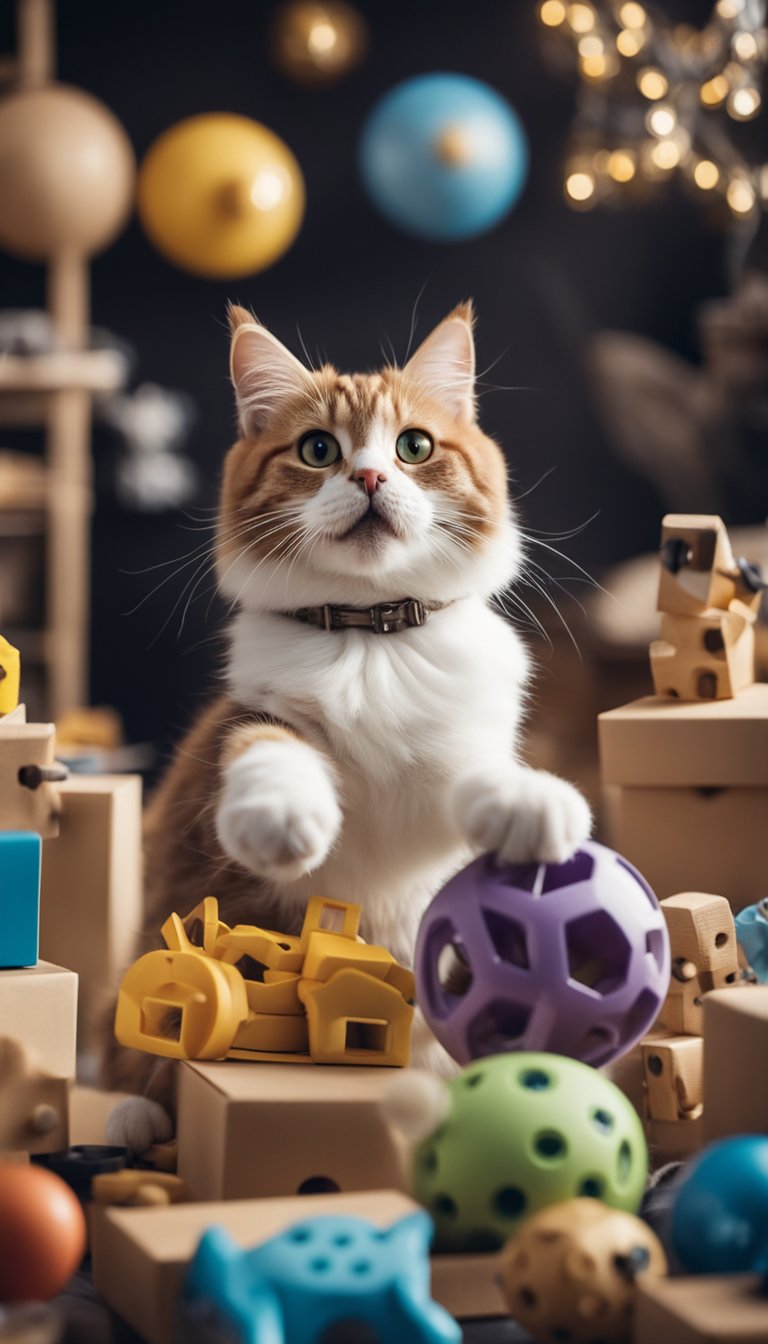 A playful cat surrounded by various toys, engaged in endless fun and entertainment. Some toys are homemade, while others are store-bought