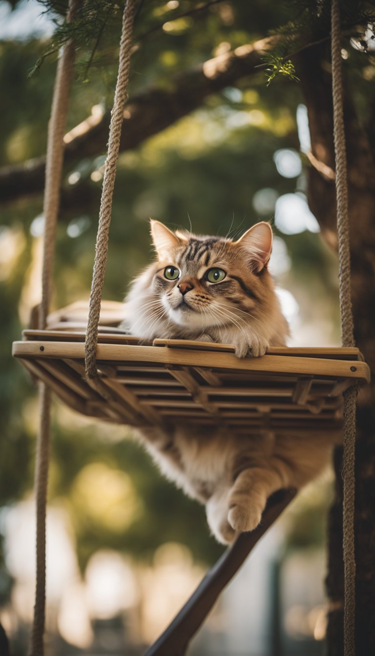 A cat lounges on a hanging bed attached to a tall tree structure, surrounded by various levels and platforms for climbing and playing