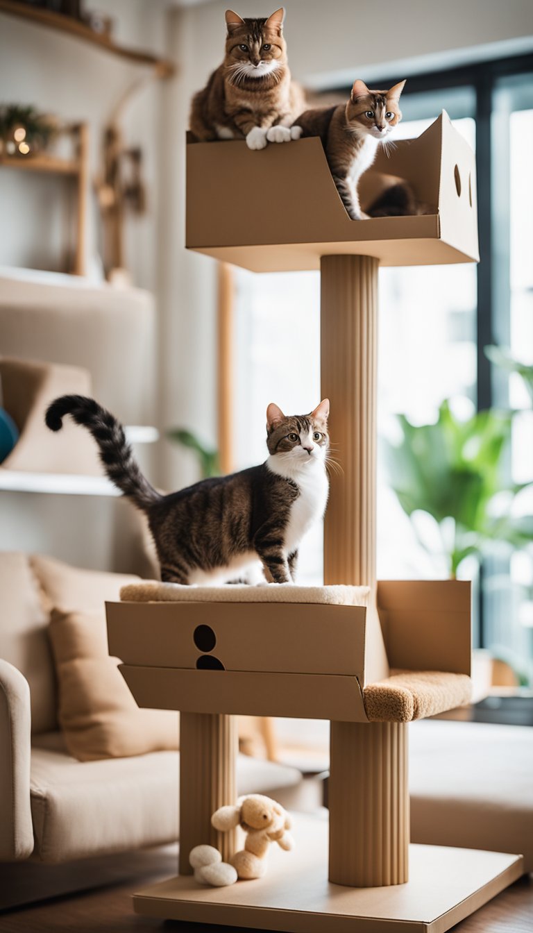 A cardboard box cat tree stands in a cozy living room, adorned with plush cushions and dangling toys. Two curious cats playfully explore the multi-level structure, their tails twitching with excitement