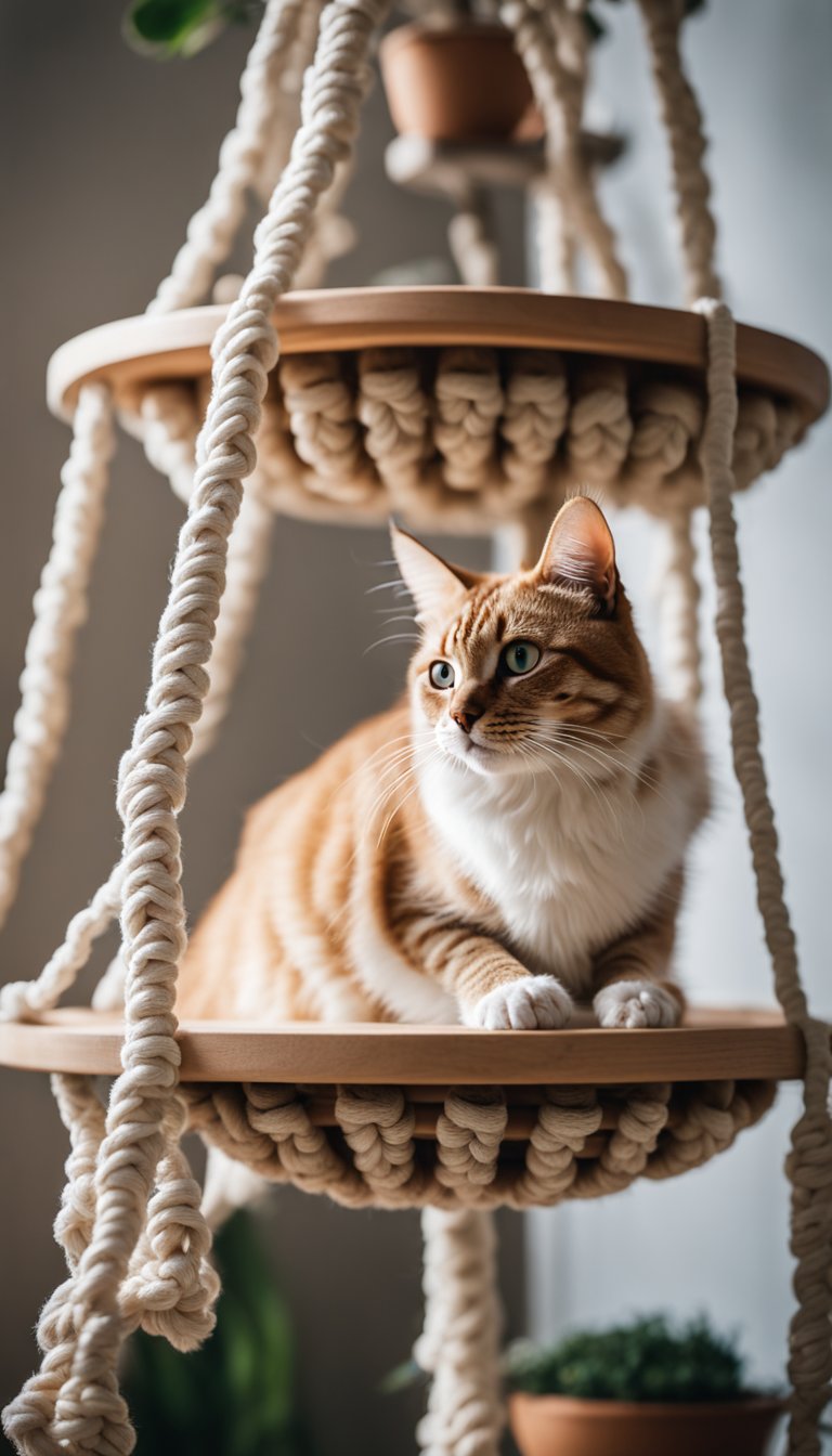 A macramé cat tree stands tall, woven with intricate knots and adorned with cozy platforms for feline lounging