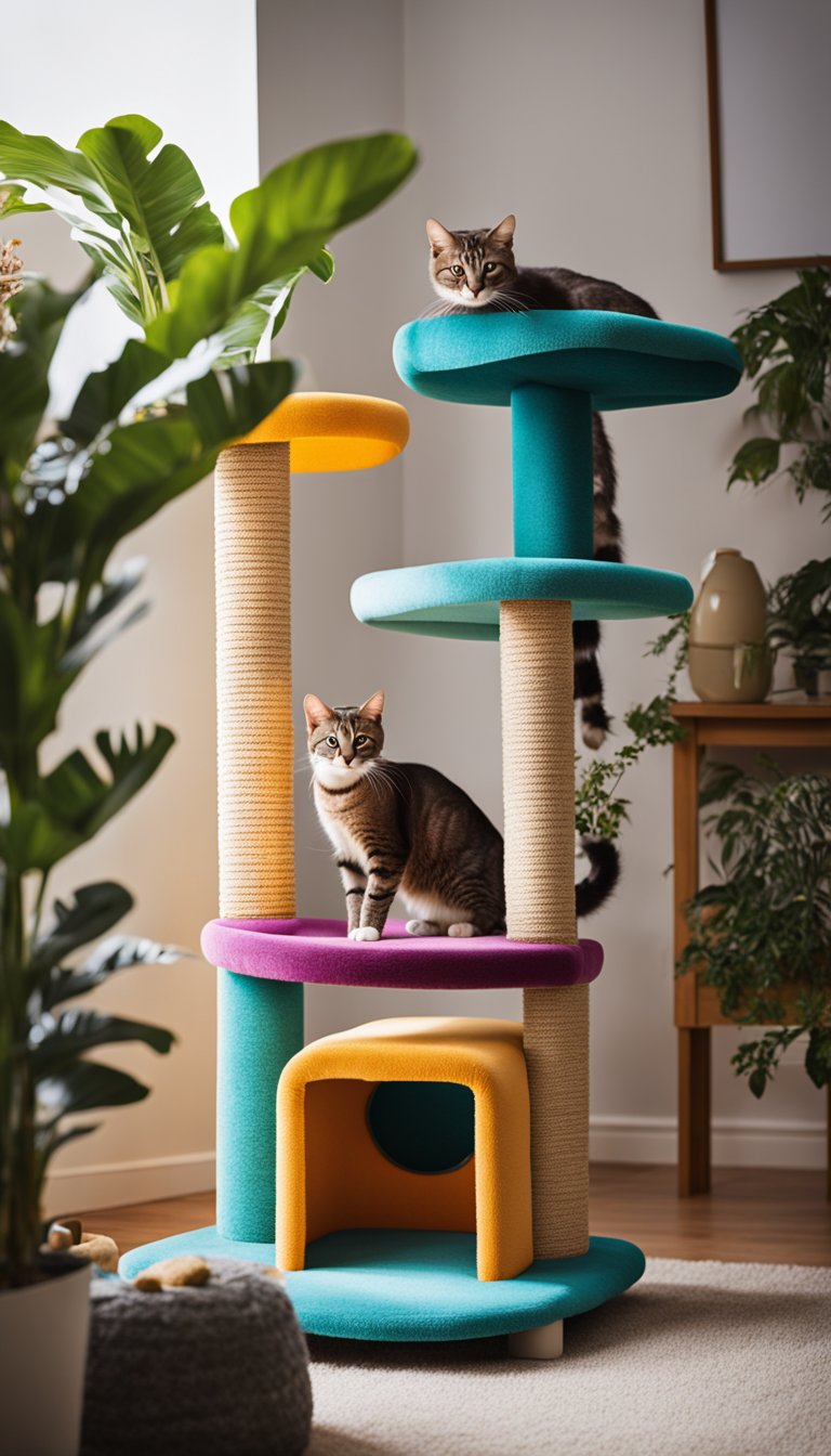 A vibrant, carpeted cat tree stands tall, adorned with colorful platforms and scratching posts. It offers a cozy and playful space for feline friends to climb, lounge, and play