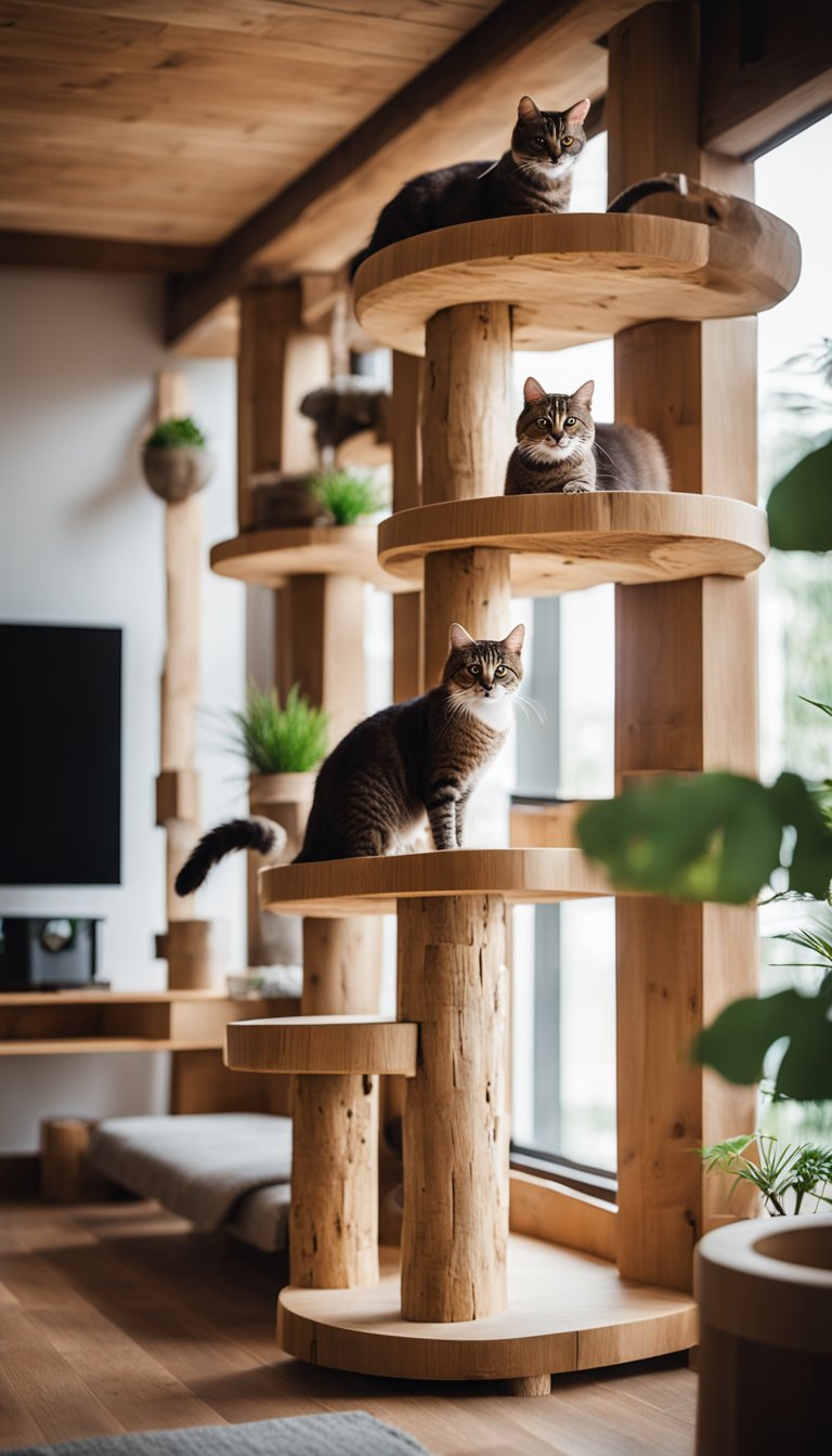 A tall, sturdy cat tree made of rustic logs stands in a cozy living room, with multiple levels and platforms for cats to climb and perch on