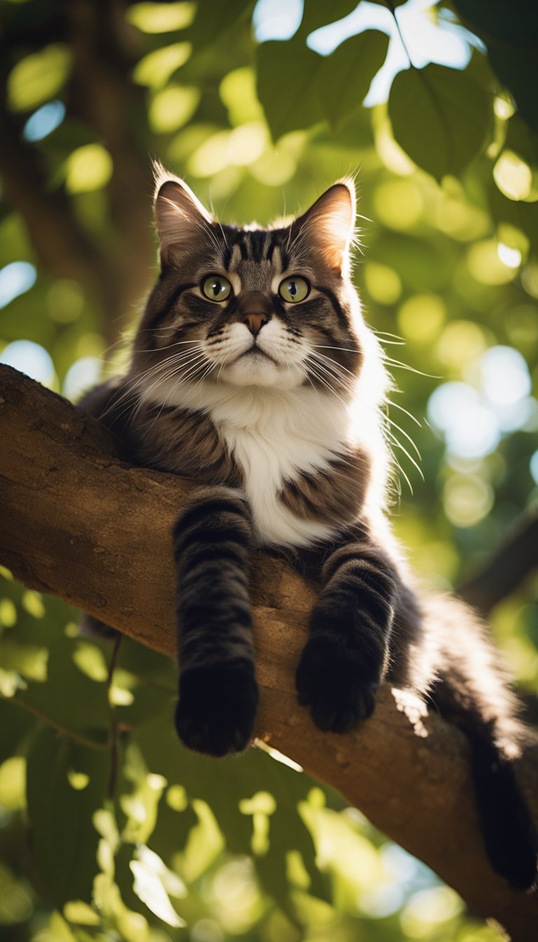 A cat lounges in a cozy tree house, surrounded by branches and foliage. The sun shines through the leaves, casting dappled shadows on the cat's contented face