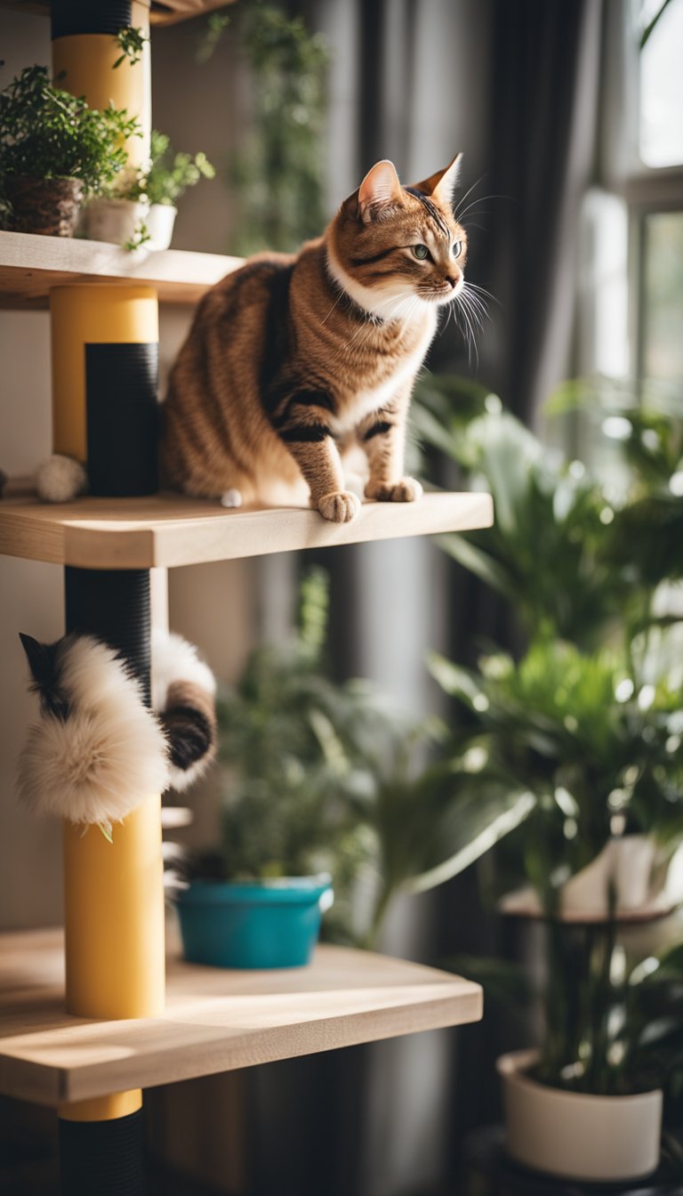 A cat is perched on a tall, homemade climbing tower, surrounded by various DIY grooming stations at home