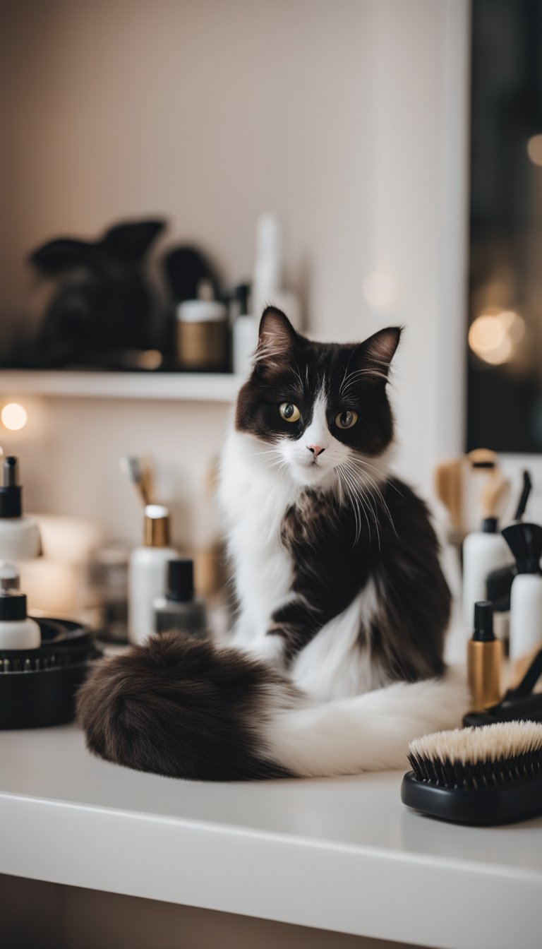 A plush cushioned corner with grooming tools, brushes, and a cat enjoying a DIY grooming session at home