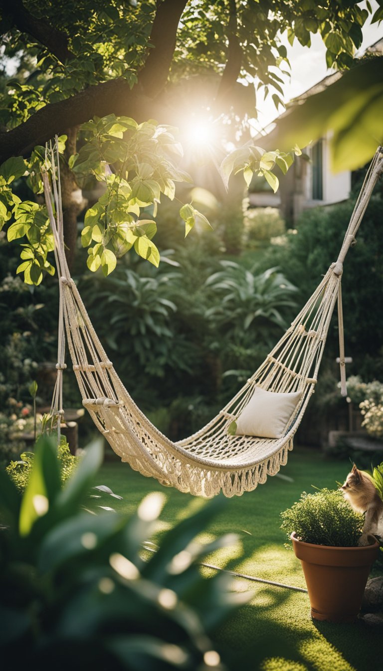 A cozy hammock hangs between two trees in a lush garden. Nearby, 13 DIY cat grooming stations are set up, complete with brushes, combs, and treats