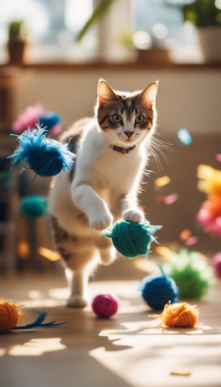 Cats pouncing on colorful homemade toys in a bright, sunlit room with scattered feathers and yarn