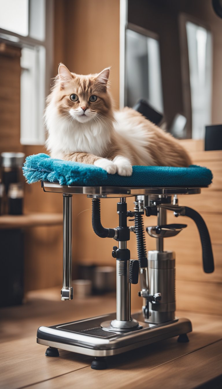 A grooming table with adjustable height, surrounded by cat grooming tools and supplies, in a cozy home setting