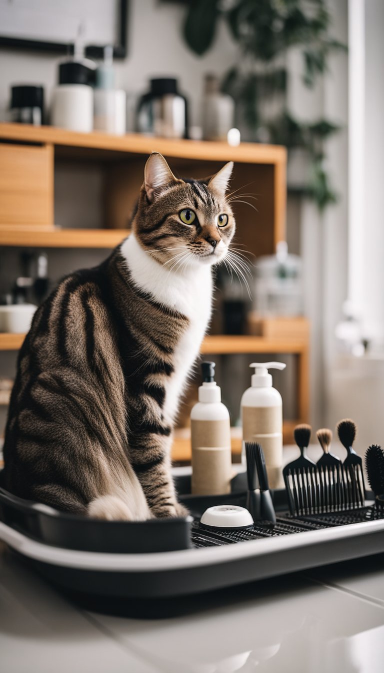 A cat sits on a grooming and feeding tray, surrounded by DIY grooming stations at home. Brushes, combs, and food bowls are neatly arranged on the tray