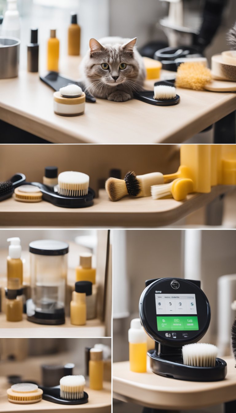 A cat grooming station with a treat dispenser. Brushes, combs, and grooming tools neatly organized. Bright and inviting space for feline pampering