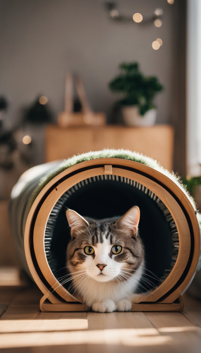 A cat tunnel with grooming brushes inside a cozy home setting. Multiple DIY grooming stations for cats