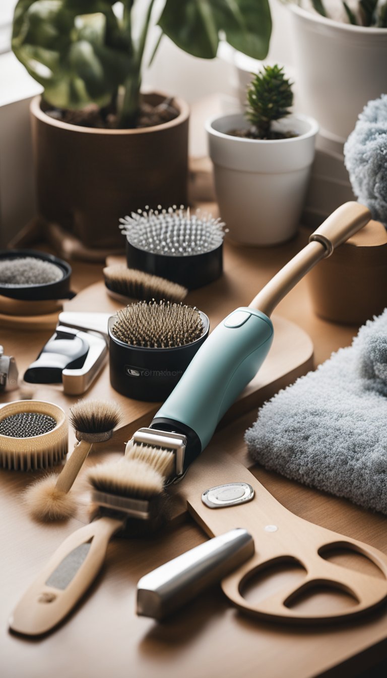 A table with various DIY cat grooming tools and a homemade lint roller station