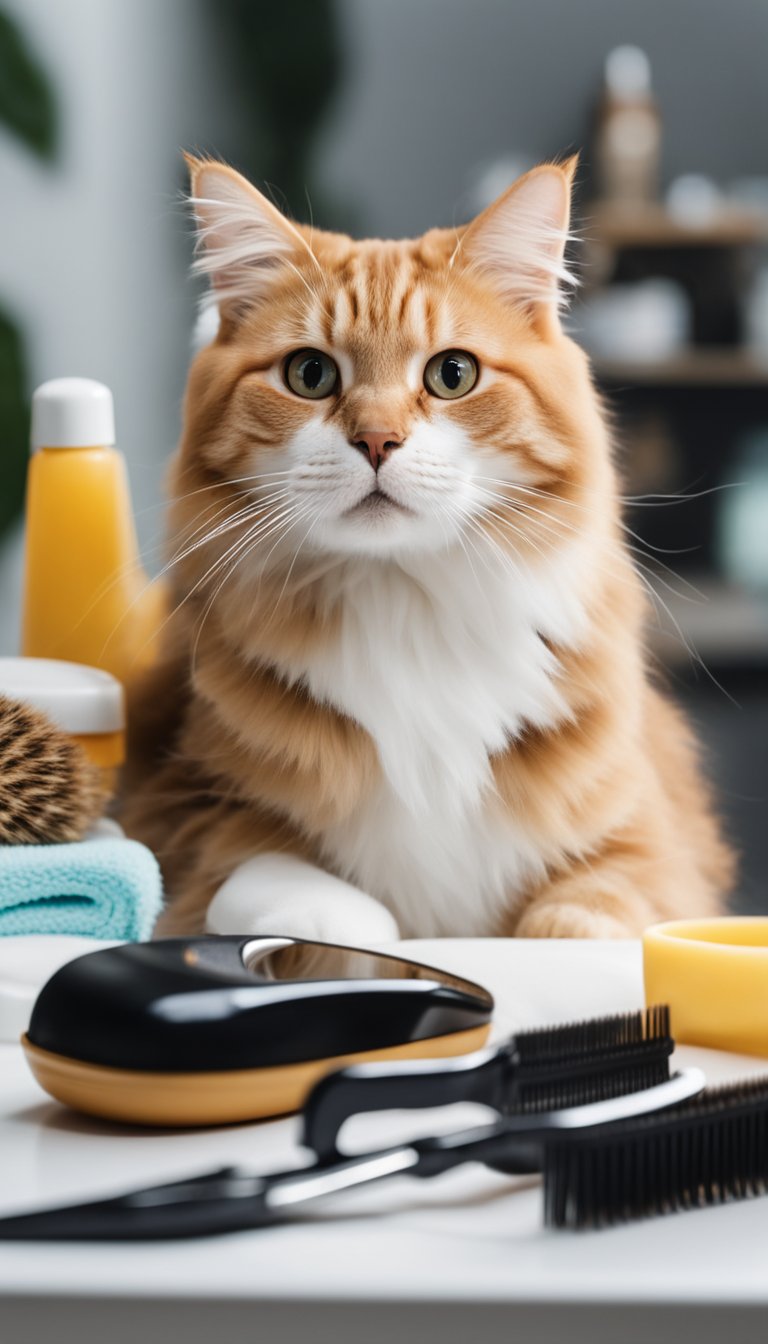 A table with grooming tools: brush, comb, nail clippers, and scissors. Cat grooming products like shampoo, wipes, and ear cleaner. A comfortable mat for the cat to sit on