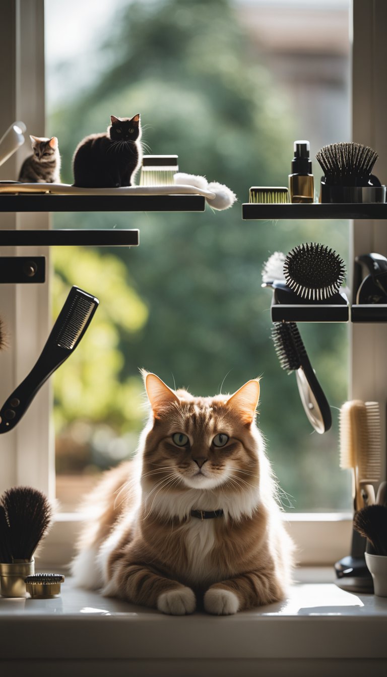 A cat sits on a window perch surrounded by grooming tools, including brushes, combs, and nail clippers. The cat is relaxed and enjoying the grooming station