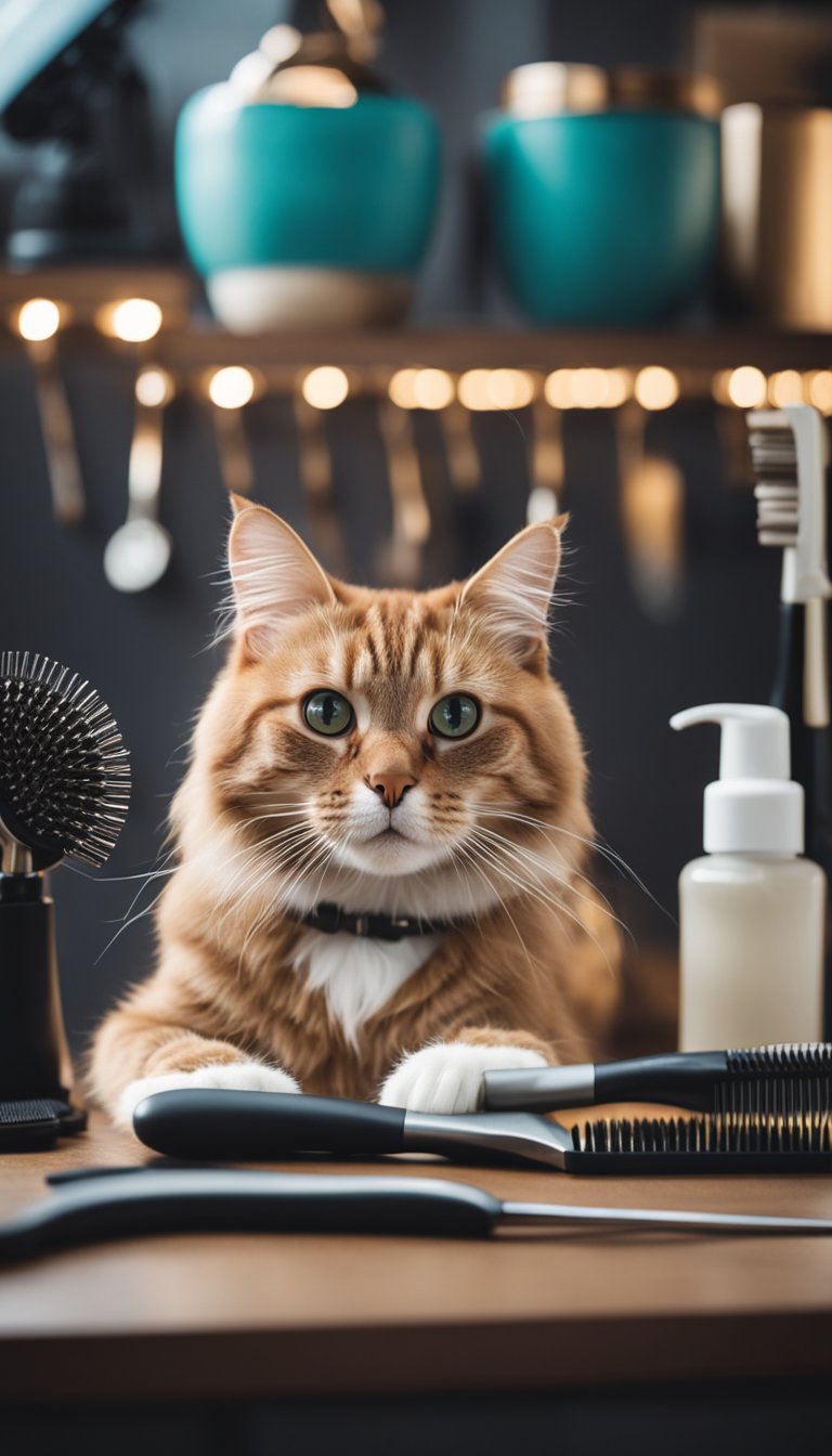 A cat grooming station with brushes, combs, and grooming supplies set up on a table. A cat is being groomed by a hand holding a brush