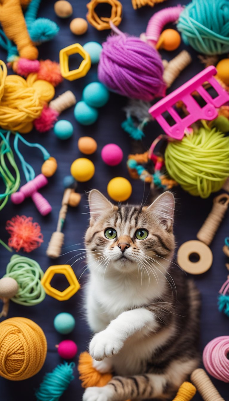 A variety of homemade cat toys scattered on a colorful rug, with a curious cat playing and exploring the different DIY toys