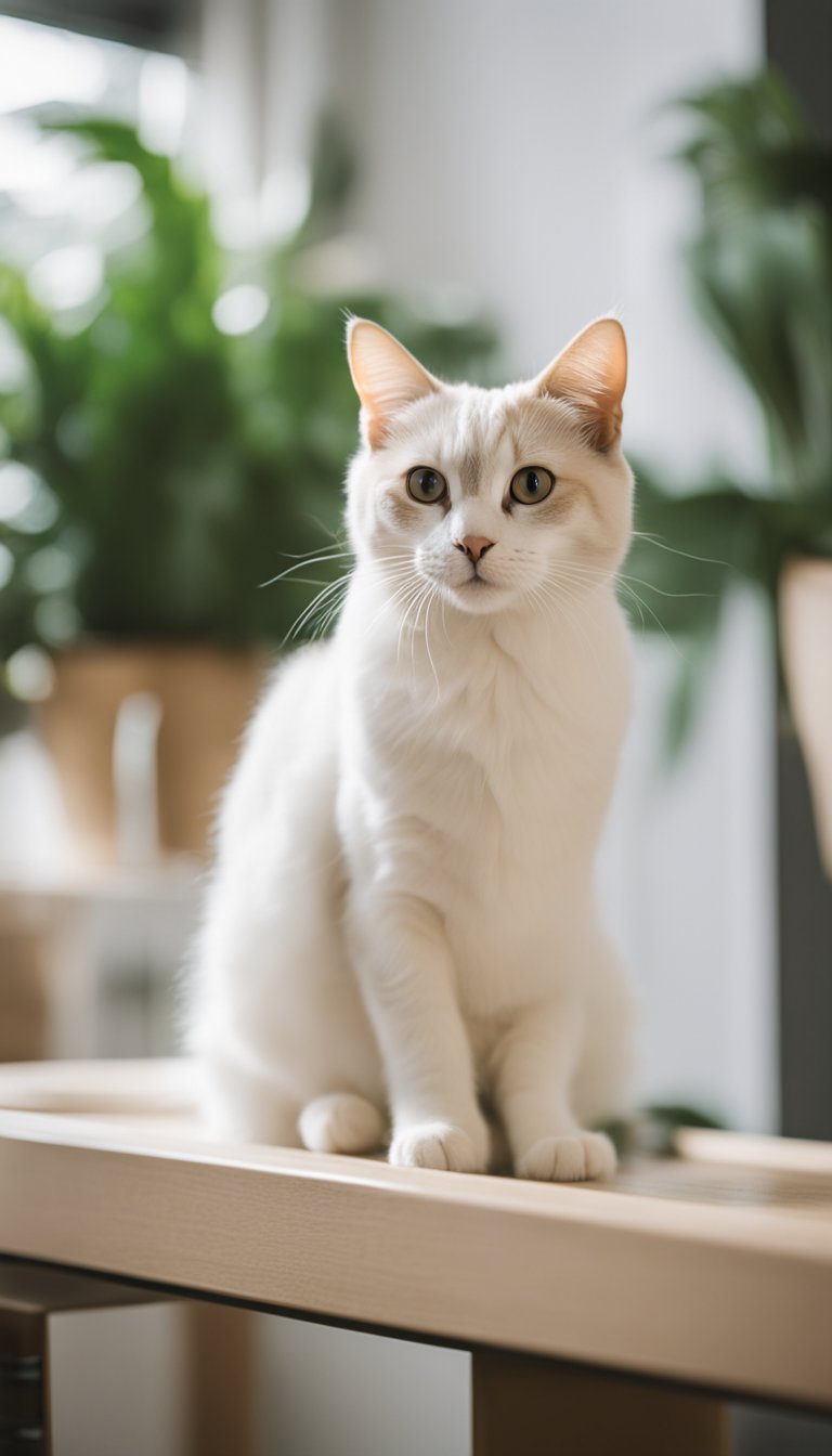 A cat stands on a DIY grooming station, using a wall brush to groom itself