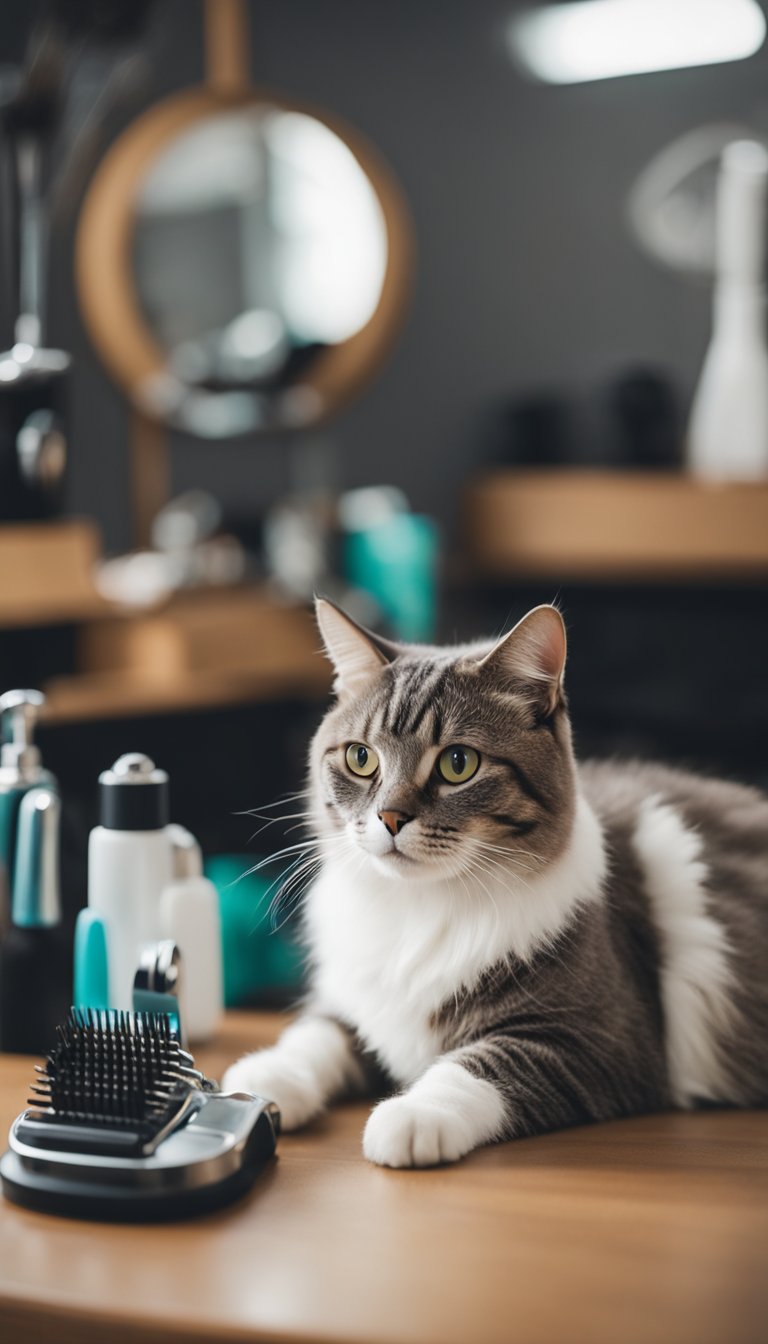 A cat grooming station with brushes, combs, and nail clippers neatly organized on a table. A cat is comfortably sitting in a grooming sling while being brushed by its owner