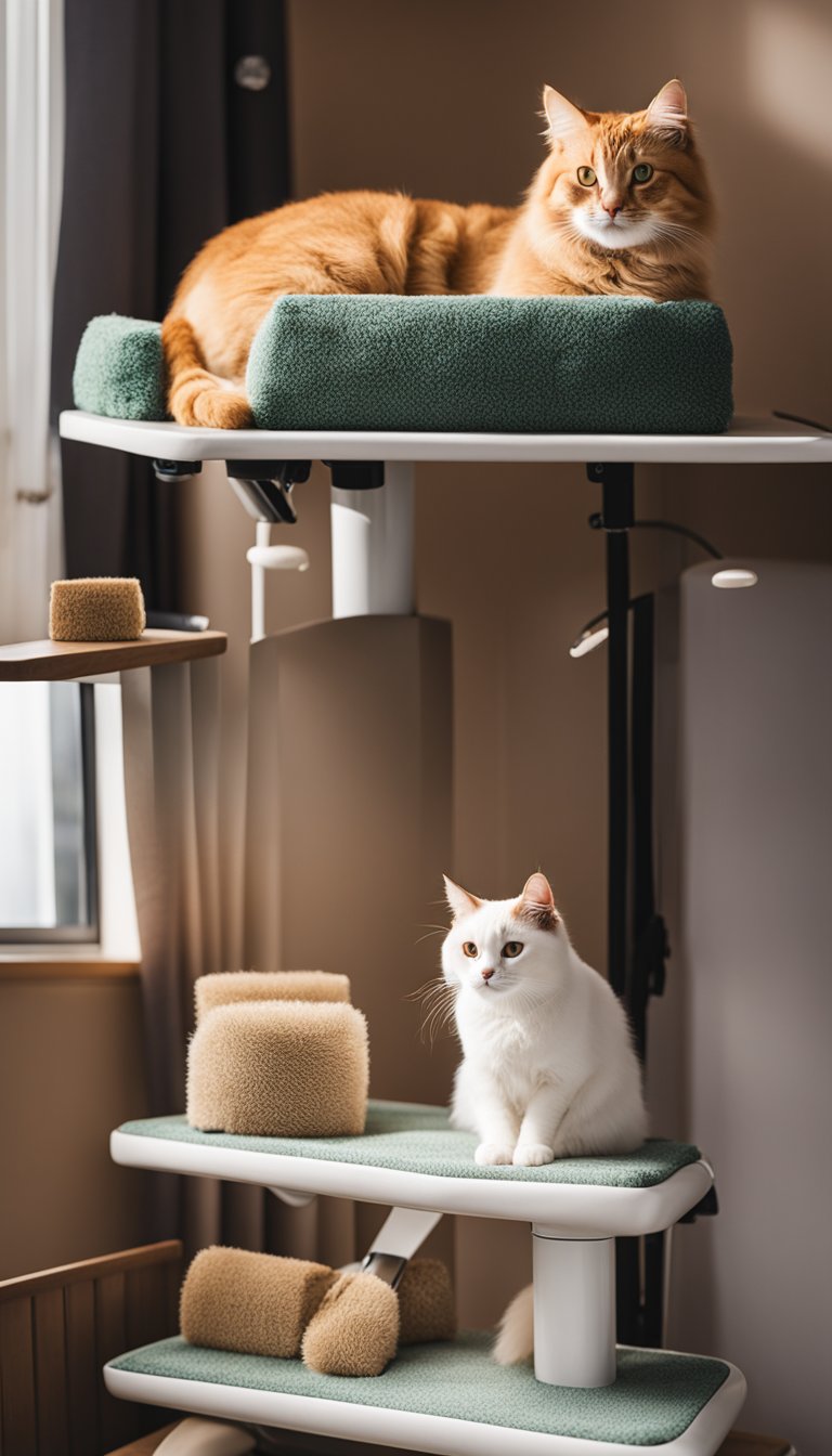 A cat grooming station with various grooming tools, a cozy bed, and a scratching post in a well-lit room with a window for natural light