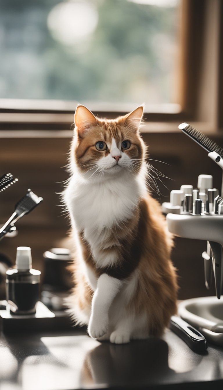 A cat grooming station with brushes, combs, and scissors on a clean, well-lit table. A cat sits calmly on the table, while a person's hand reaches for a grooming tool