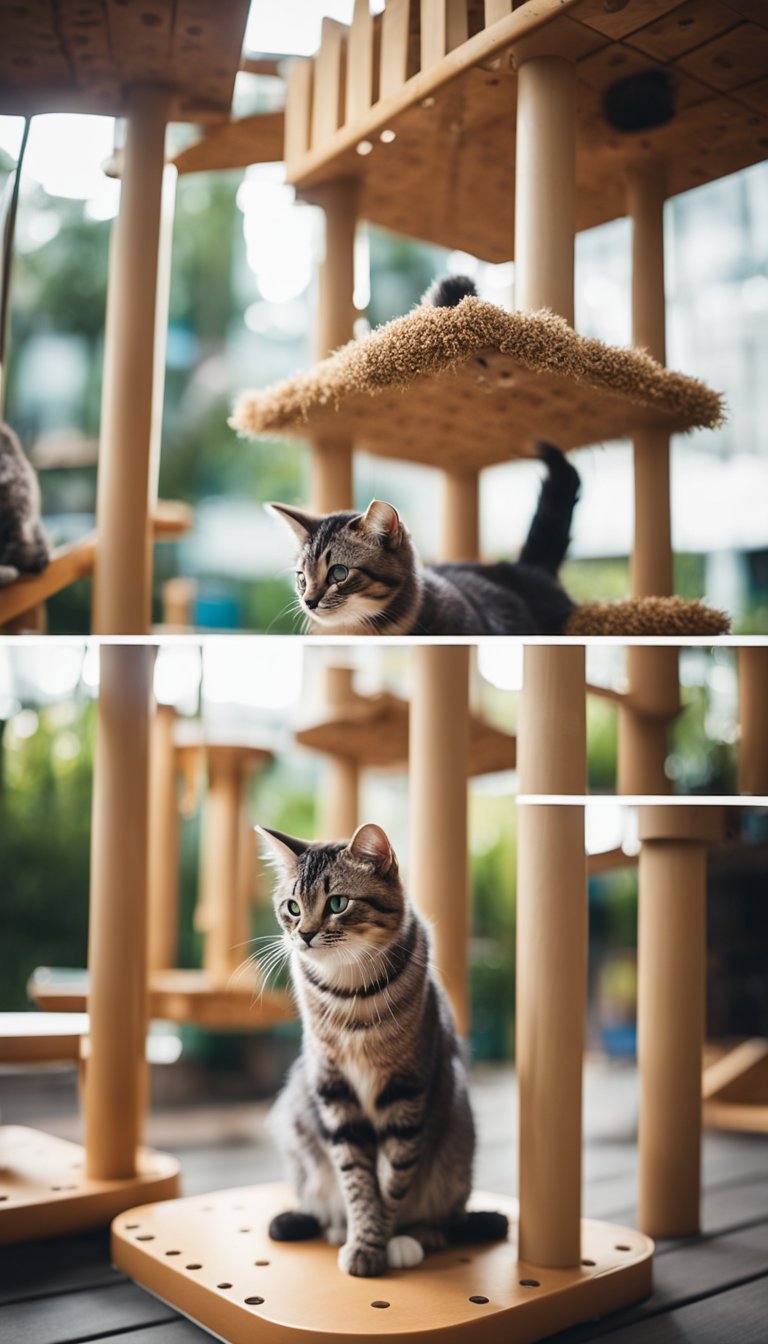 Cats play on various scratching posts and grooming stations in a DIY playground