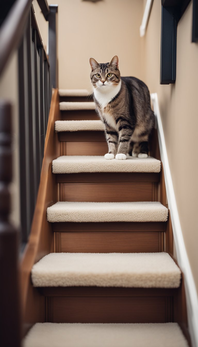 A row of sturdy, carpeted cat stairs leading up to a cozy perch at different heights, designed for older cats to easily climb and rest