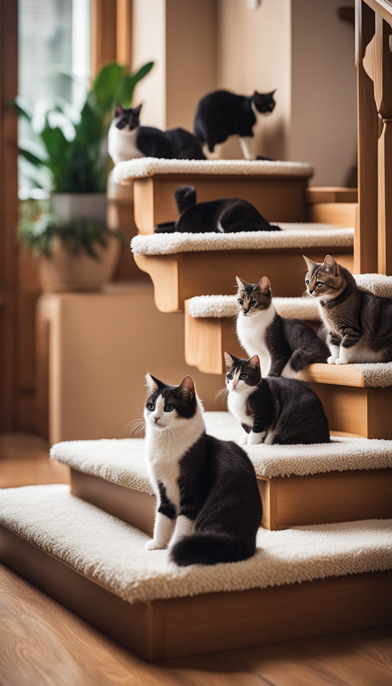 A set of 21 DIY cat stairs, varying in height and width, arranged in a staircase formation, leading up to a platform. Each step is covered in plush carpeting, providing a comfortable and safe climb for older cats