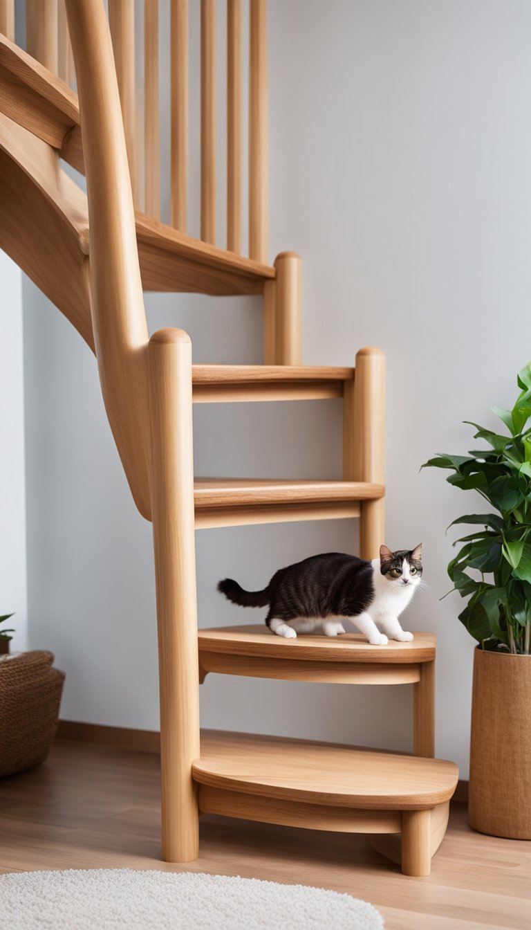 A set of three wooden stairs with carpeted surfaces, designed for older cats to easily climb and reach higher areas