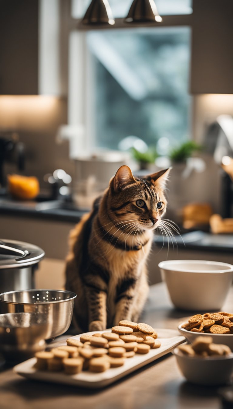 A cat eagerly sniffs homemade treats on a kitchen counter, surrounded by ingredients and utensils