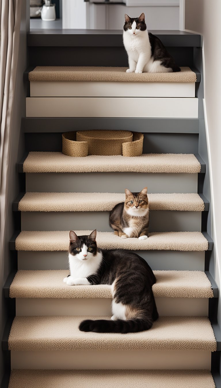 A row of 21 DIY cat stairs, varying in height and width, leading up to a cozy cat bed at the top. The stairs are carpeted and adorned with small paw prints