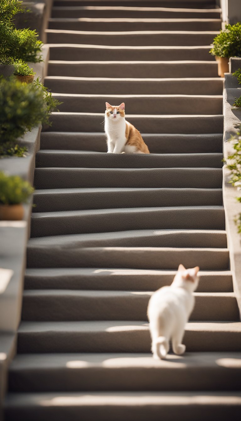 A set of 21 cat stairs, varying in height, arranged in a staircase formation. A senior cat is seen climbing up the steps, with a comfortable and stable design