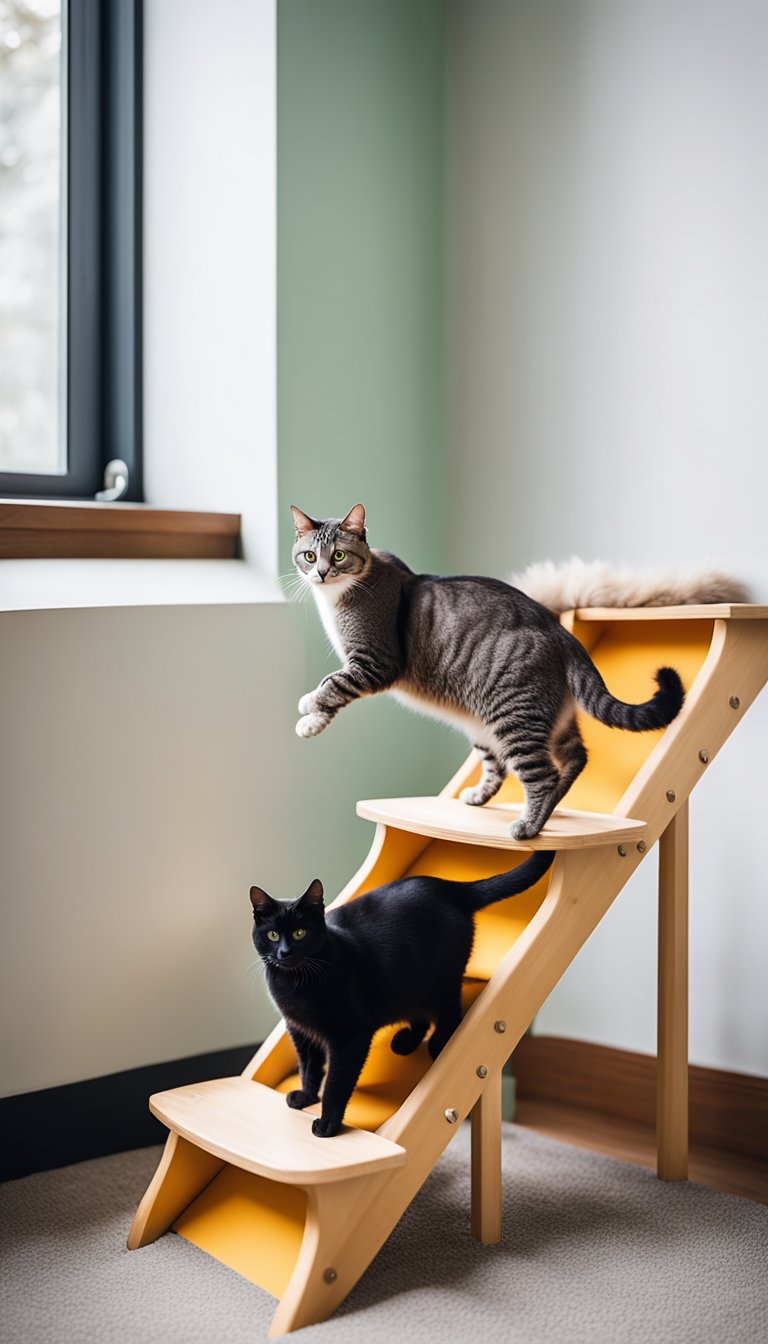 A cat confidently climbs the Trixie Pet Ramp, a series of 21 DIY cat stairs designed for older cats. The feline effortlessly ascends the sturdy steps, showcasing the ramp's practicality and ease of use