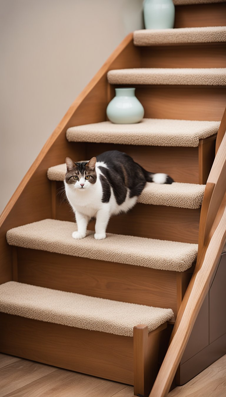 An older cat confidently climbs the sturdy, carpeted steps of the Solvit PupSTEP Plus 21 DIY Cat Stairs, with a cozy bed waiting at the top