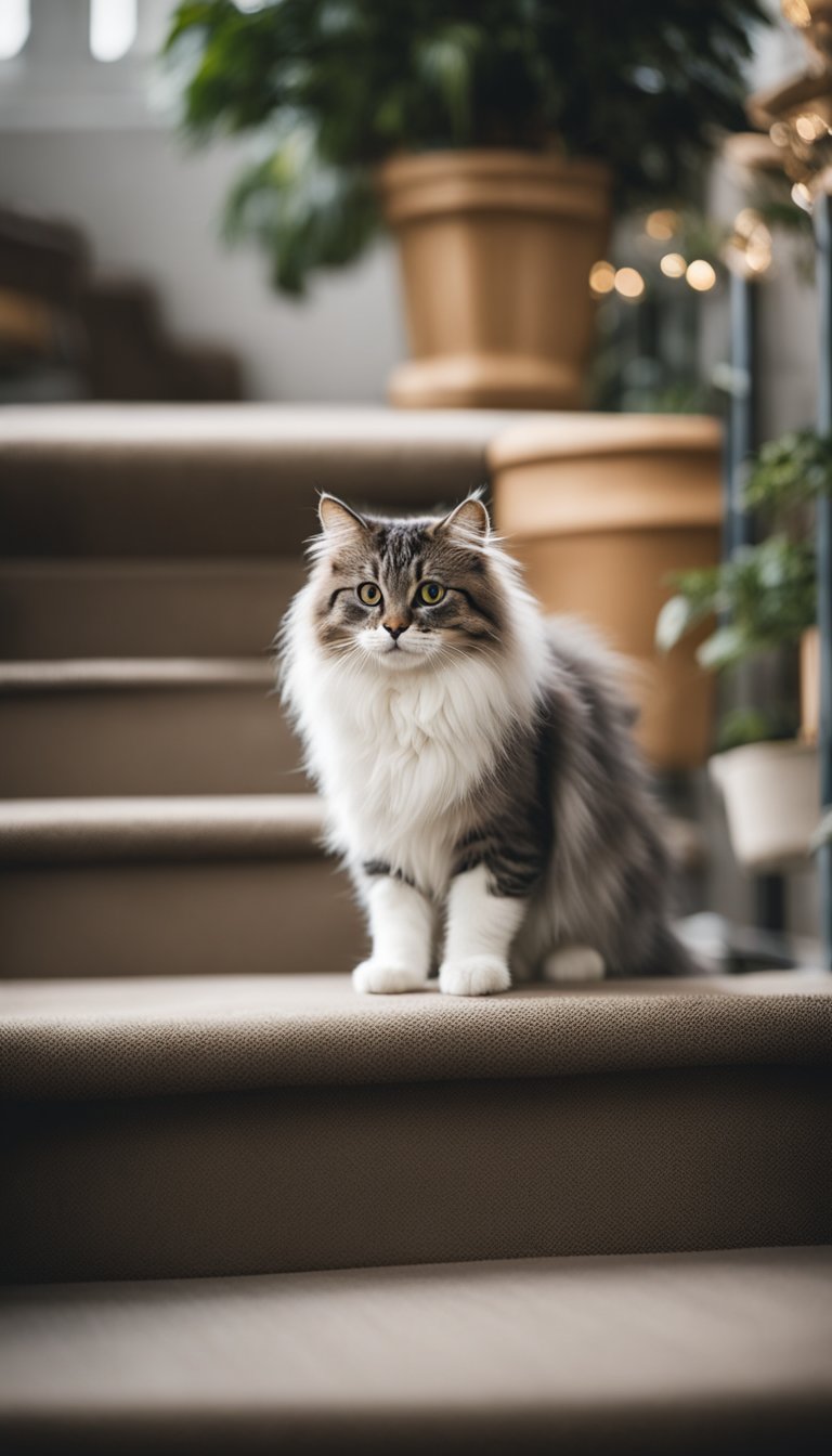 A fluffy older cat climbs Arf Pets Pet Steps 21 to reach a cozy resting spot