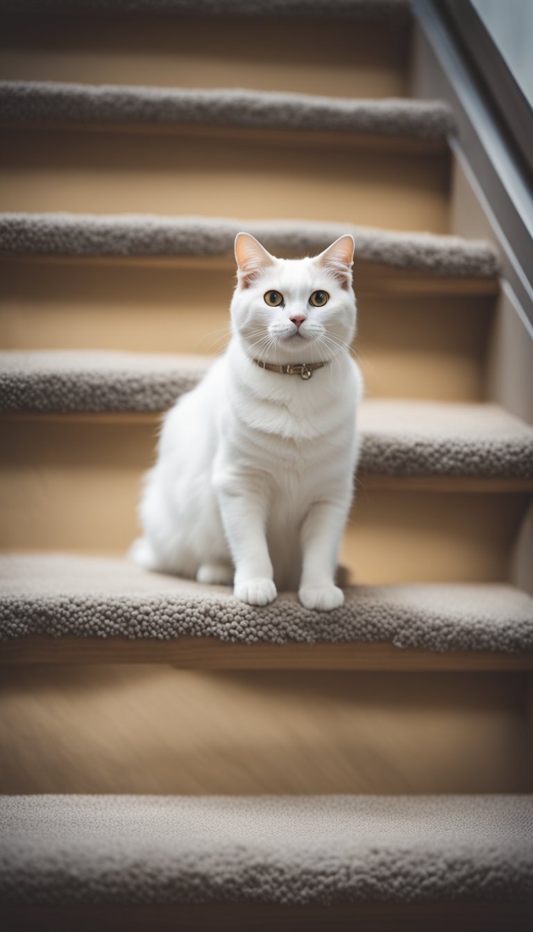 A regal cat ascends foam stairs, designed for older felines