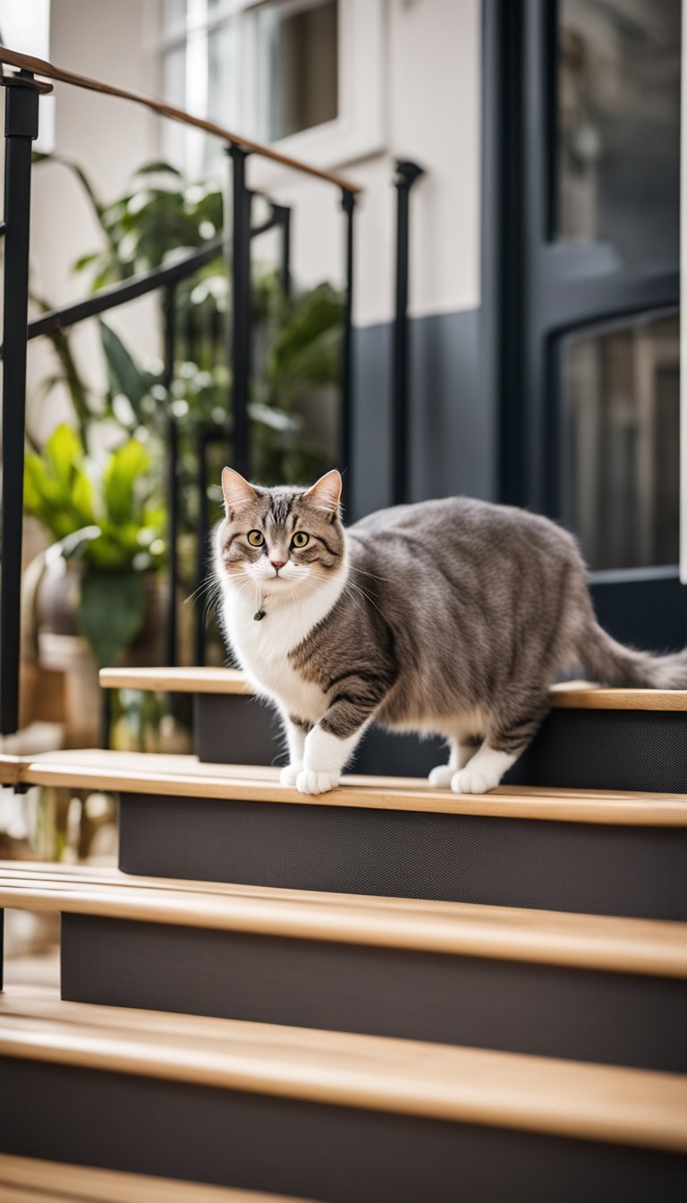 A cat confidently climbs up the Foldable Steps, showcasing its ease of use for older felines. The sturdy DIY Cat Stairs provide a safe and comfortable way for pets to reach elevated surfaces