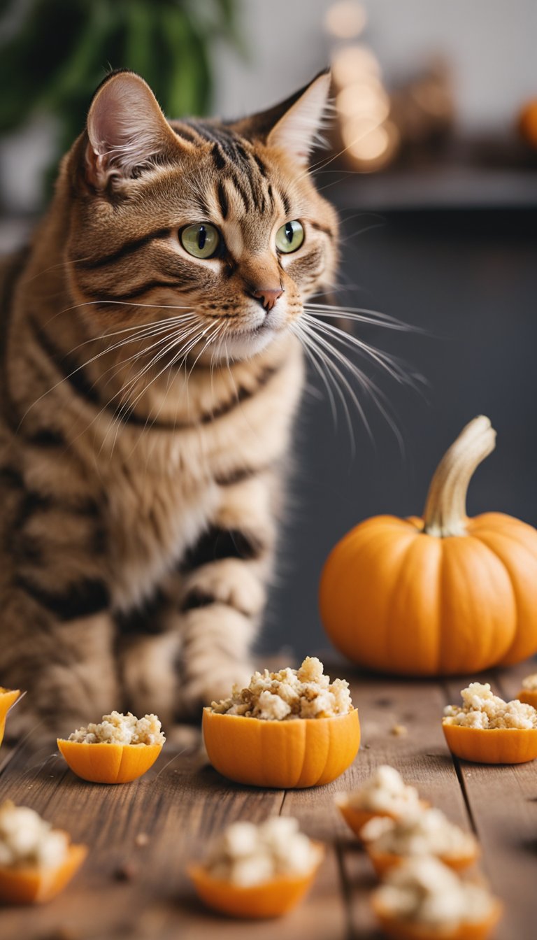 A cat eagerly nibbles on homemade Tuna-Pumpkin Bites, scattered on a wooden surface with scattered tuna and pumpkin pieces