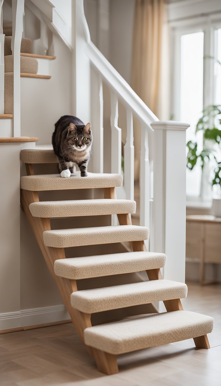 Four-step pet stairs with carpeted treads. A cat climbs the steps, reaching the top platform. Bright, airy room in the background