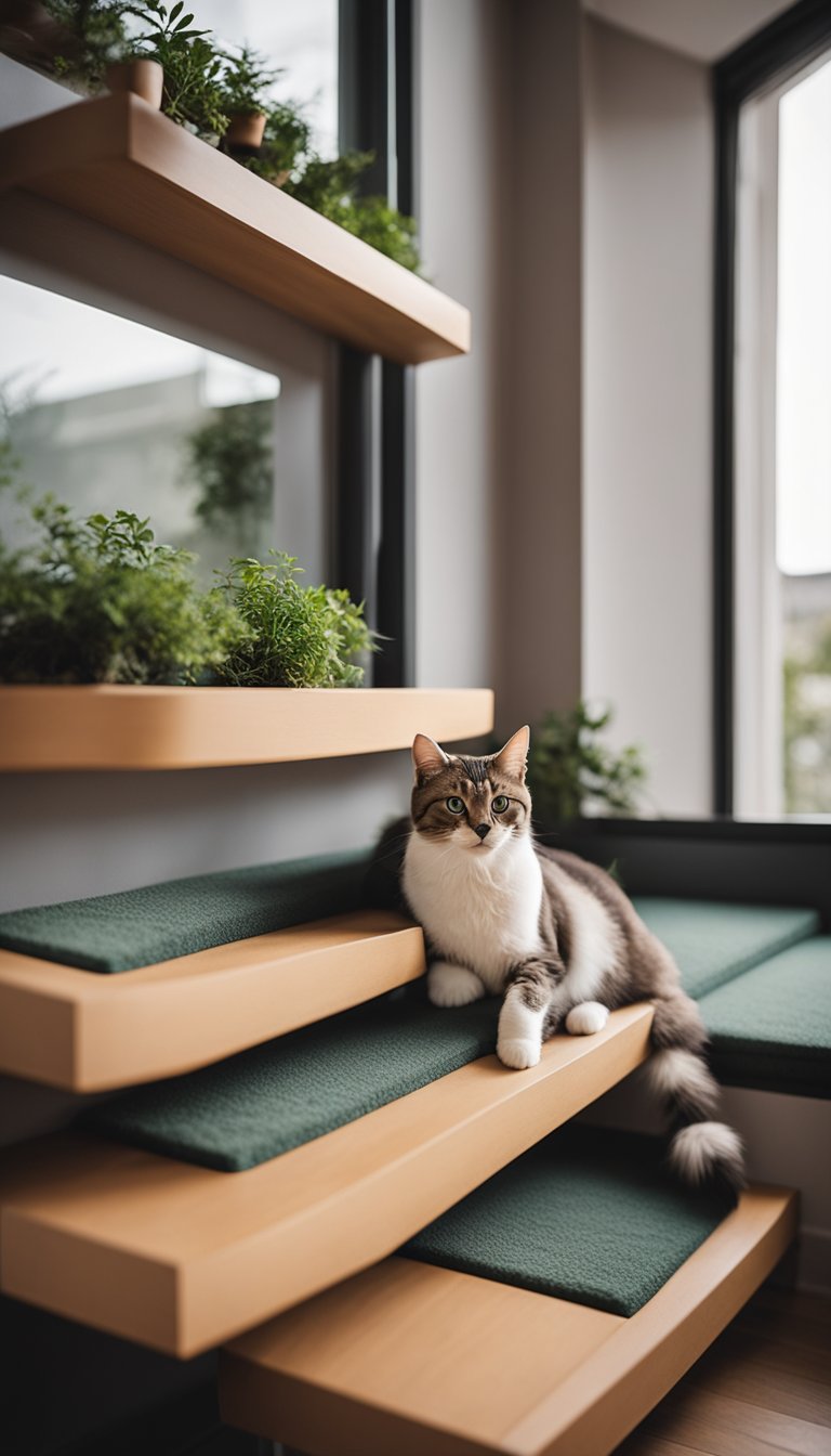 A cozy living room with a large window and plush carpet. A set of 21 DIY cat stairs in various sizes and colors are arranged against the wall, providing older cats with easy access to different levels