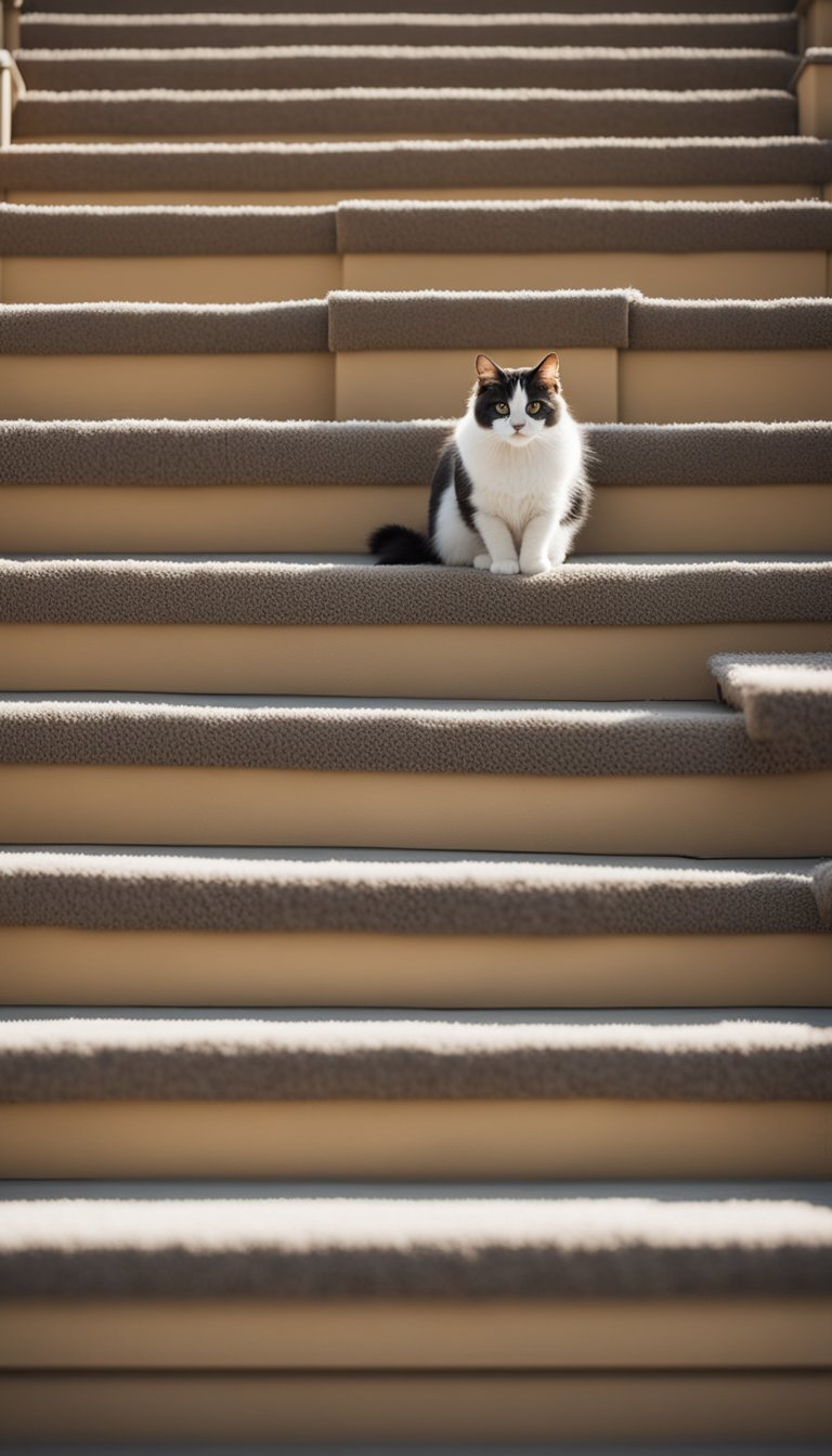 A cozy, carpeted ramp slopes gently, leading to a set of 21 cat stairs. The stairs are designed for older cats, offering a safe and accessible way for them to reach higher places