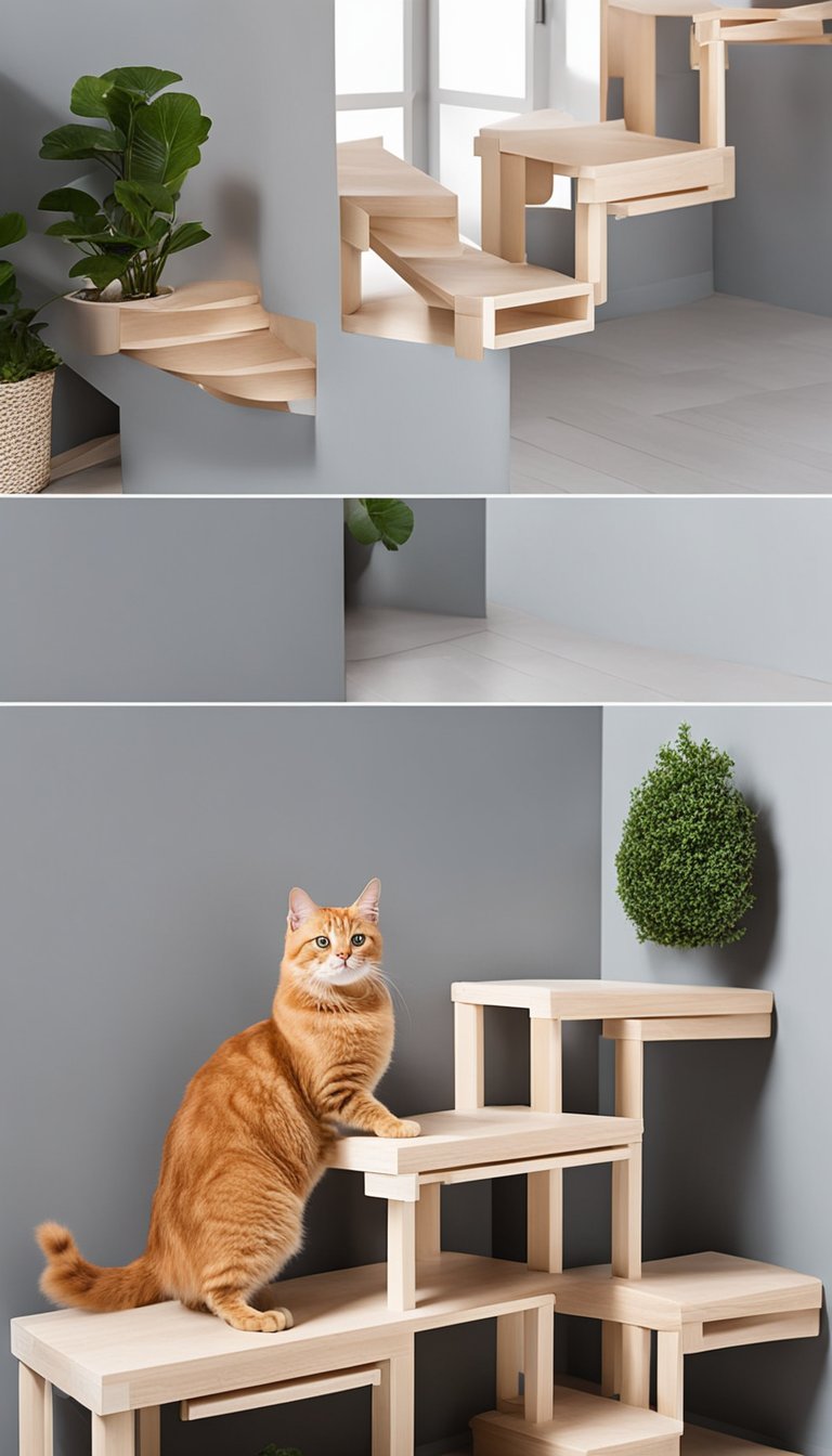 A set of 21 DIY cat stairs, designed for older cats by Feandrea, are arranged in a staggered pattern, leading up to a cozy cat bed at the top